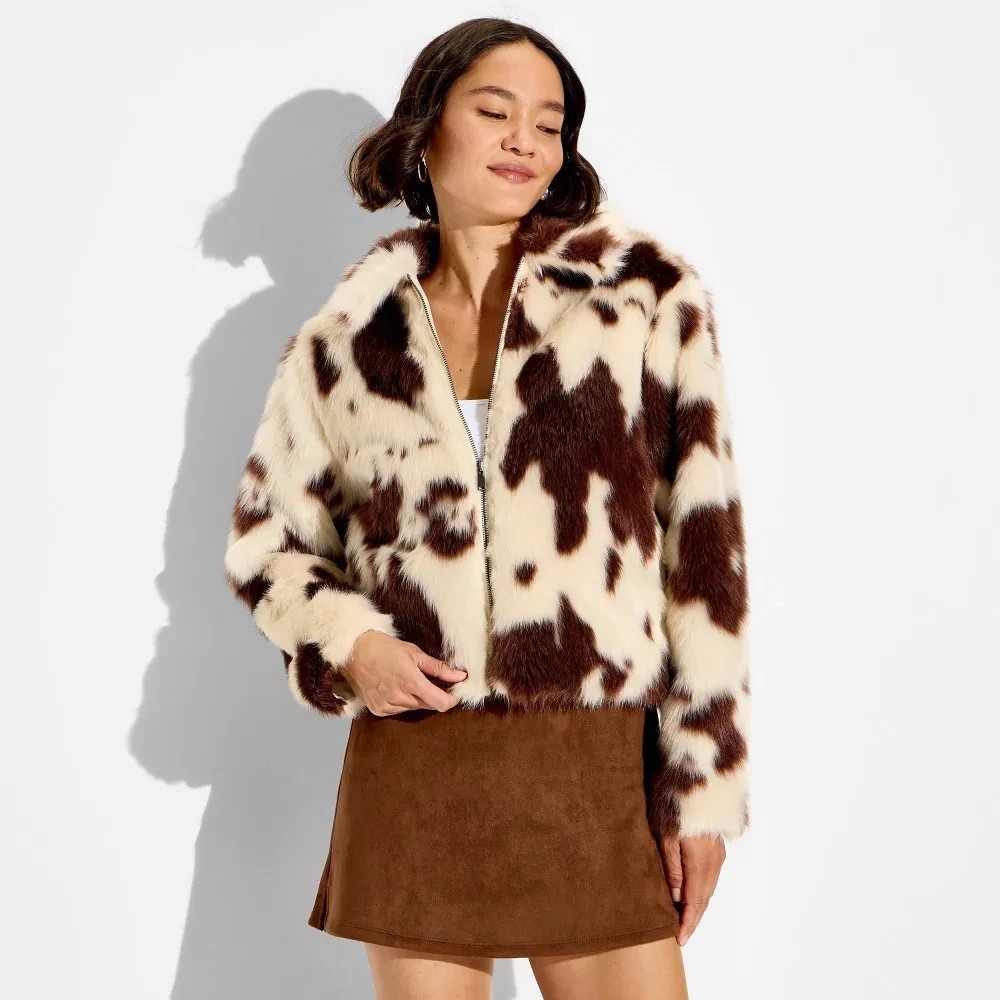 Women Faux Fur Jacket Wild Fable Cow Print Size Large